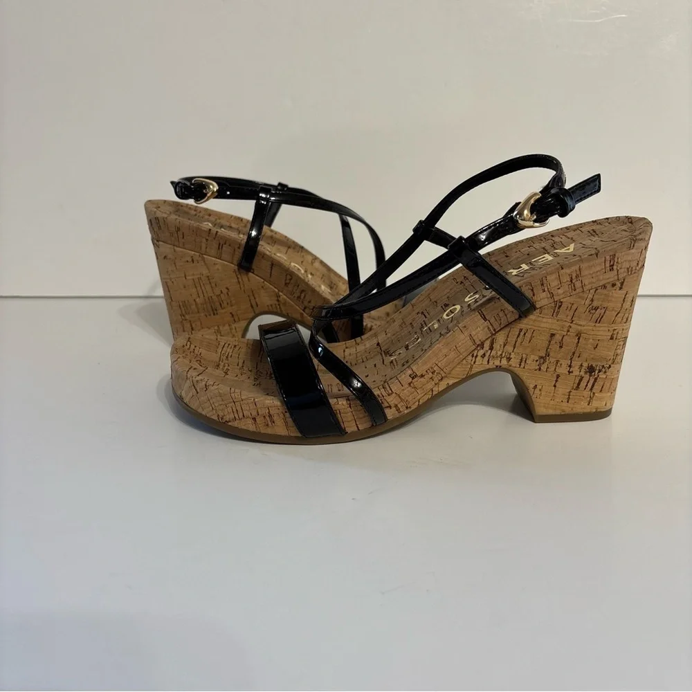 AEROSOLES Black Patent Cork Footbed Strappy Sandals